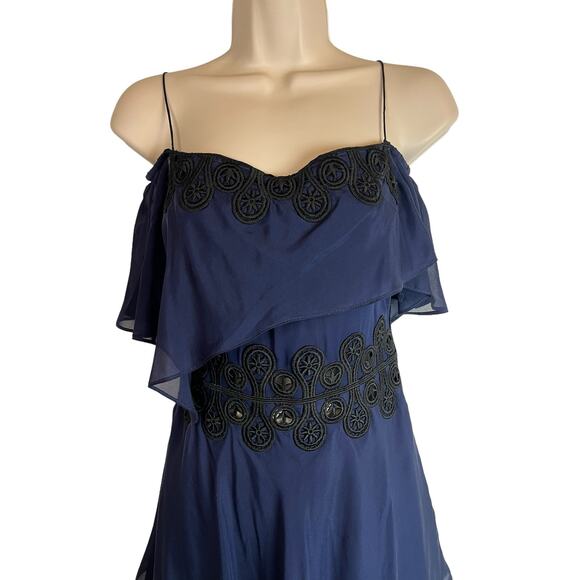 Jonathan Simkhai Blue Silk Black Lace Party Dress Cocktail Ruffle 0 - Picture 3 of 13